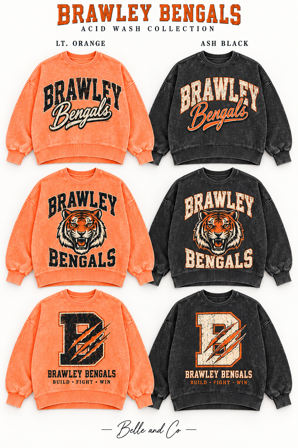 Three pullover design options, each shown in Lt. Orange and Ash Black