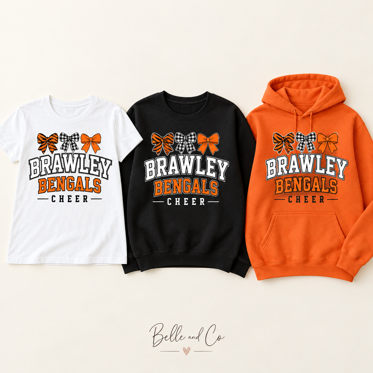 Bengals Bow Club Brawley cheer design on tee, crewneck, hoodie