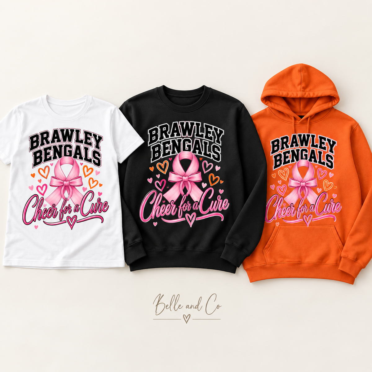 Cheer for a Cure Brawley cheer design on tee, crewneck, hoodie