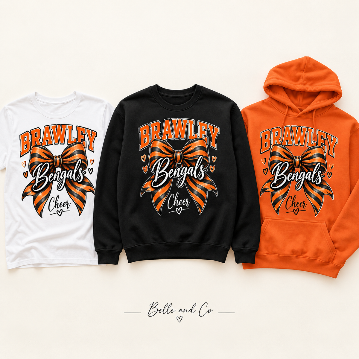 Tiger Bow cheer design on three apparel styles